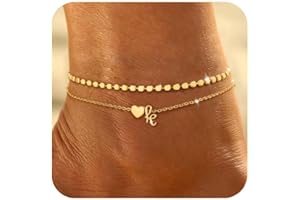 Honsny Initial Ankle Bracelets for Women Waterproof 14K Gold Plated Layered Anklets for Women Non Tarnish Dainty Heart Letter A-Z Ankle Bracelets Handmade Adjustable Summer Beach Gold Anklet Jewelry