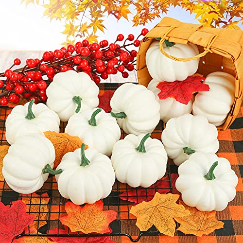 HiPatio Artificial Pumpkins Decoration,12 Pcs Harvest Fall White Pumpkins Fake Foam Pumpkins with 30 Pcs Maple Leaves 1PC String Lights for Autumn Decor Wedding Halloween Thanksgiving Party Decor