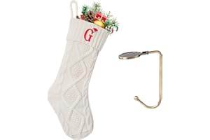 VRFASHION Christmas Stockings with Initials, Letter G Embroidered Xmas Stockings, 18" Large Monogram Knitted Xmas Stocking, Christmas Party Fireplace Family Hanging Stocking Decorations(1 Pack, White)