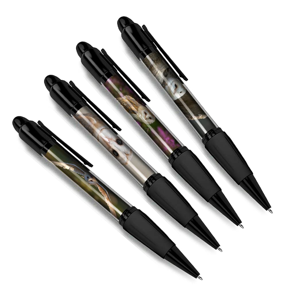 DV DESIGN Set of 4 Barn Owl Black Ballpoint Pens - Birds Animal Nature Wildlife Wild Travel Portrait Boys Girls Men Women Theme Pen #79428