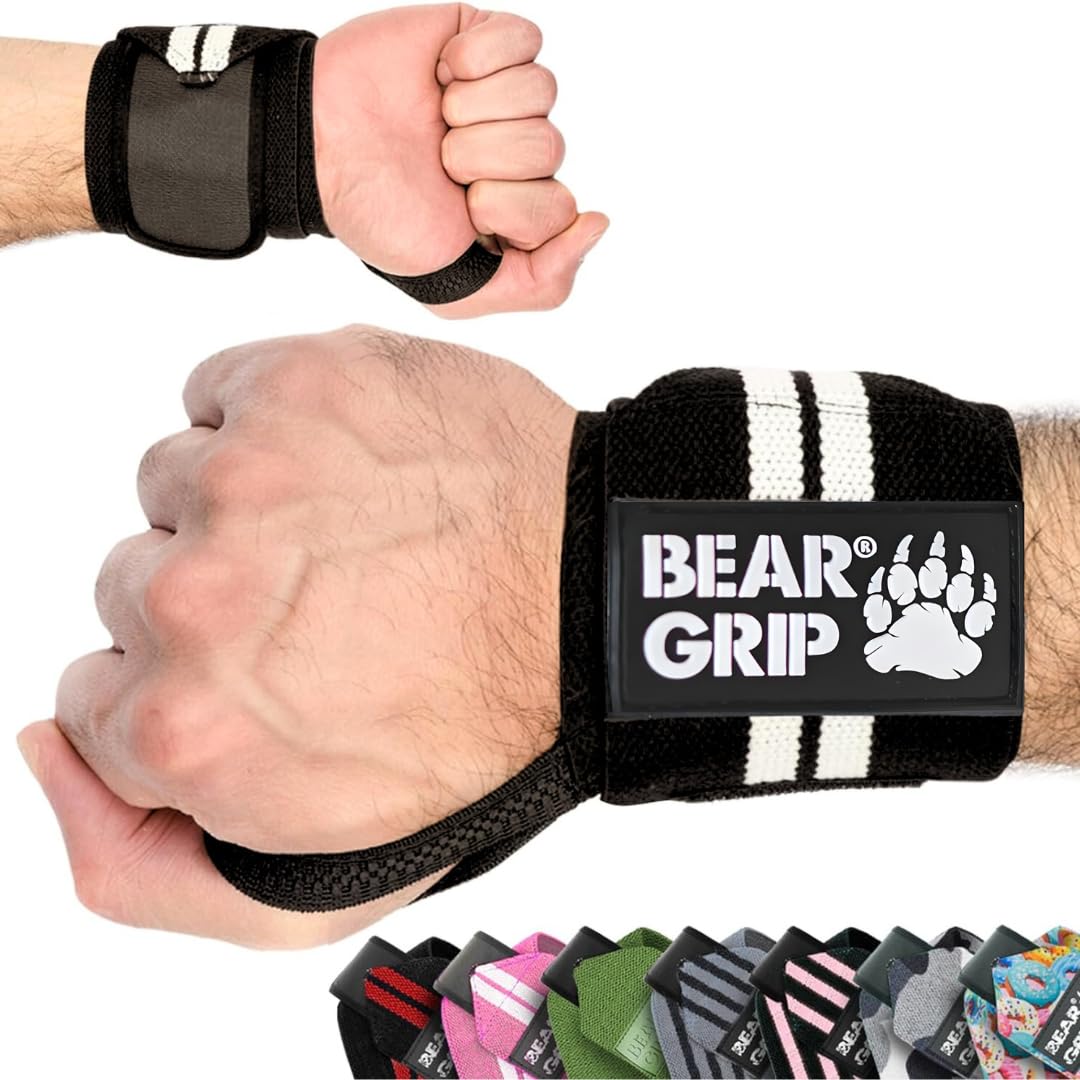 BEAR GRIP - Weight lifting wrist support wraps (Sold in pairs) (BEAR-GRIP-BLACK-WHITE-WRAPS)