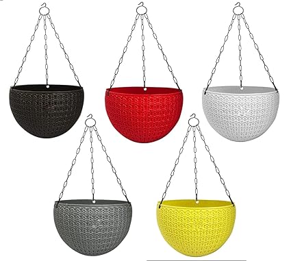 Go Hooked Round Plastic Oslo Hanging Pots with Metal Hanging Chain Hanging Planers for Balcony Home Garden (Set of 5, Multicolored)