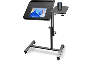 Aconcept Dual Tilt-Swivel Desktop Overbed Bed-Side Table, Adjustable Height Laptop Standing Desk with Wheels, Folding Mobile TV Dinner Tray Table, Black