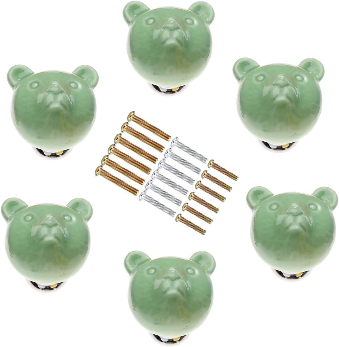 Marstree 38mm Bear Ceramic Knobs Drawer Handles Pulls for Wardrobe Cupboard Dresser Cabinet Closet Kitchen Furniture with Screws (Pack of 6, Green)