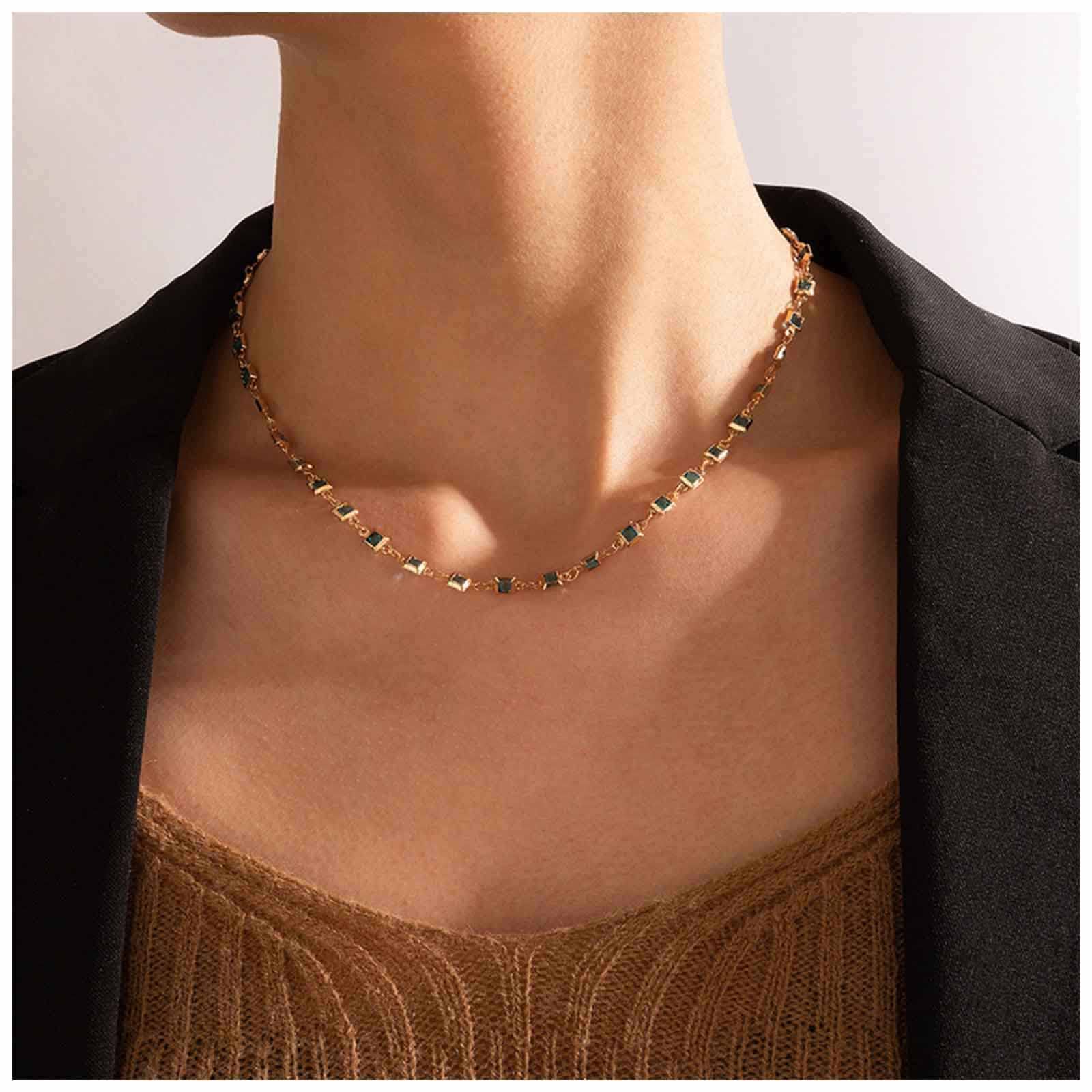 Cimenexe Vintage Blue Crystal Choker Necklace Bohemian Geometric Crystal Square Necklace Minimalist Gold Necklace Choker Adjustable Blue Crystal Necklace Jewelry for Women and Girls