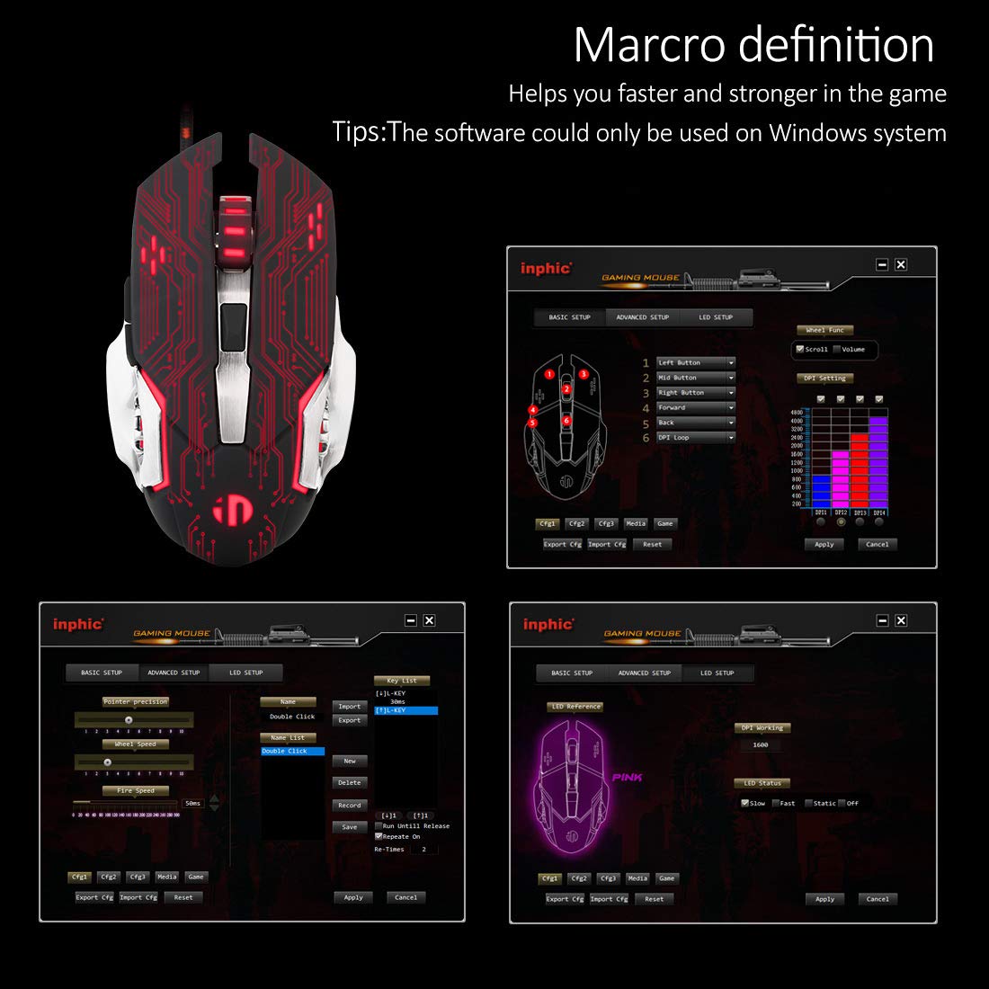 Inphic Gaming Mouse, Silent Click USB Optical Wired PC Laptop Computer Gaming Mouse 4800DPI Ergonomic Mice with 6 Programmable Buttons,4 DPI Adjustment, RGB Breathing LED