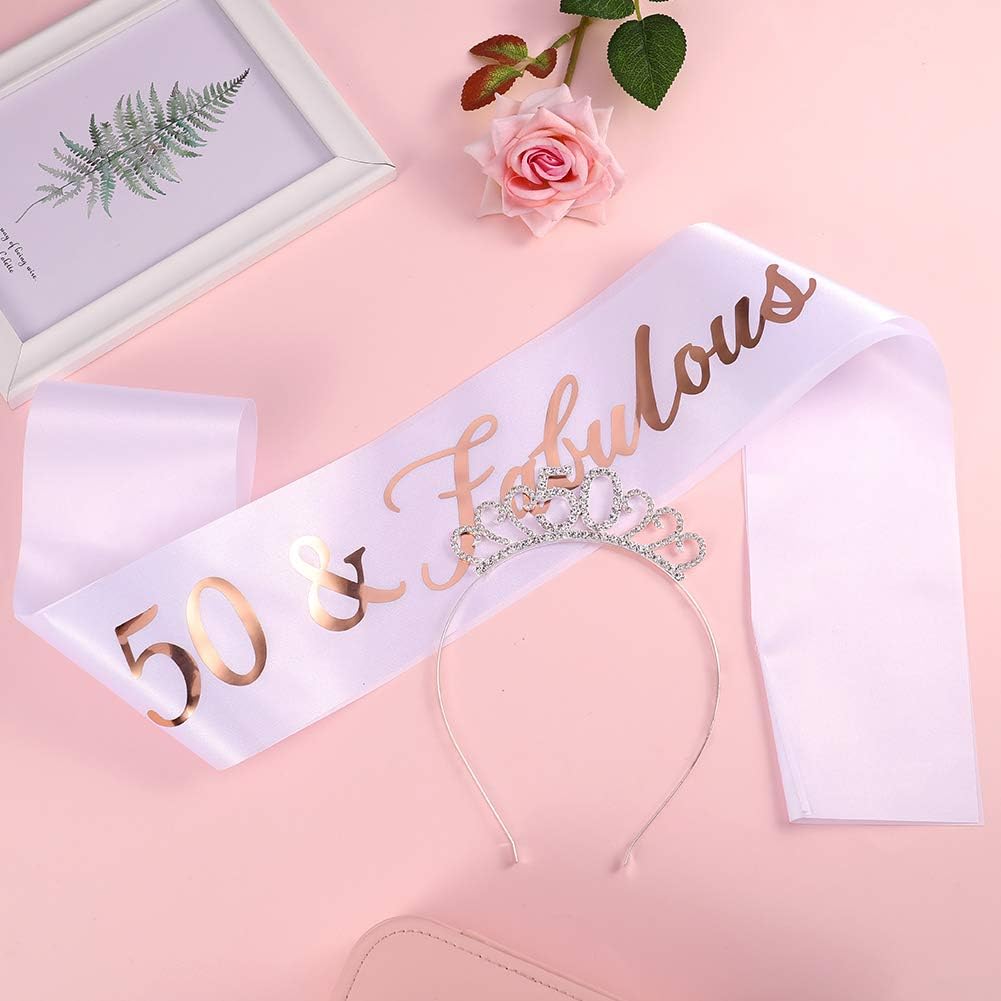 Hugttt 50th Birthday Tiara and Sash, 50 Fabulous Glitter Satin Sash and Crystal Crown - Image 5