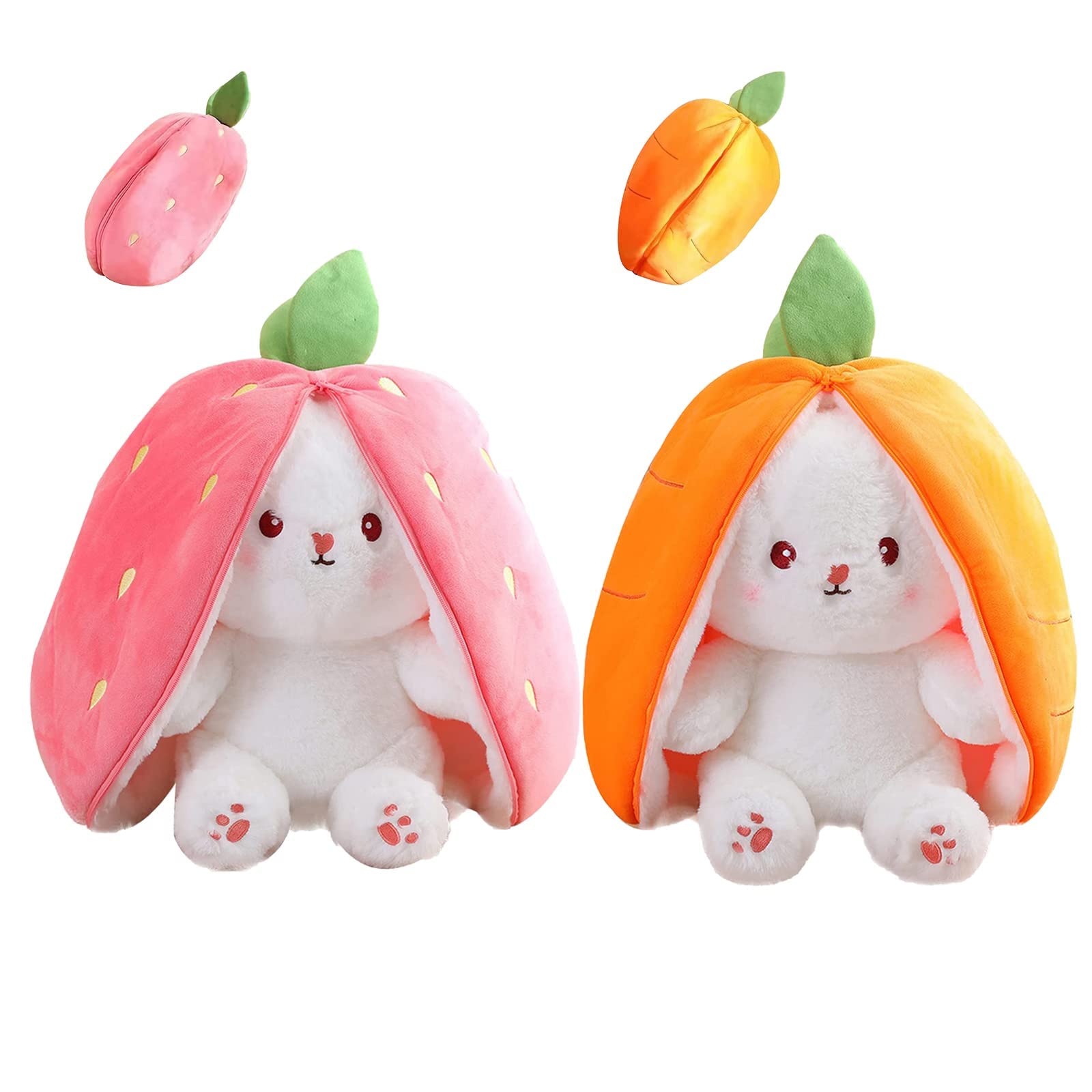 Mukorolee 2PCS Bunny Plush Doll Toy Pillow, Reversible Carrot Strawberry Stuffed Animal with Zipper, Cute Rabbit Decoration for Kids & Adult Birthday Party Gift (10'' Strawberry+Carrot) (KP307)