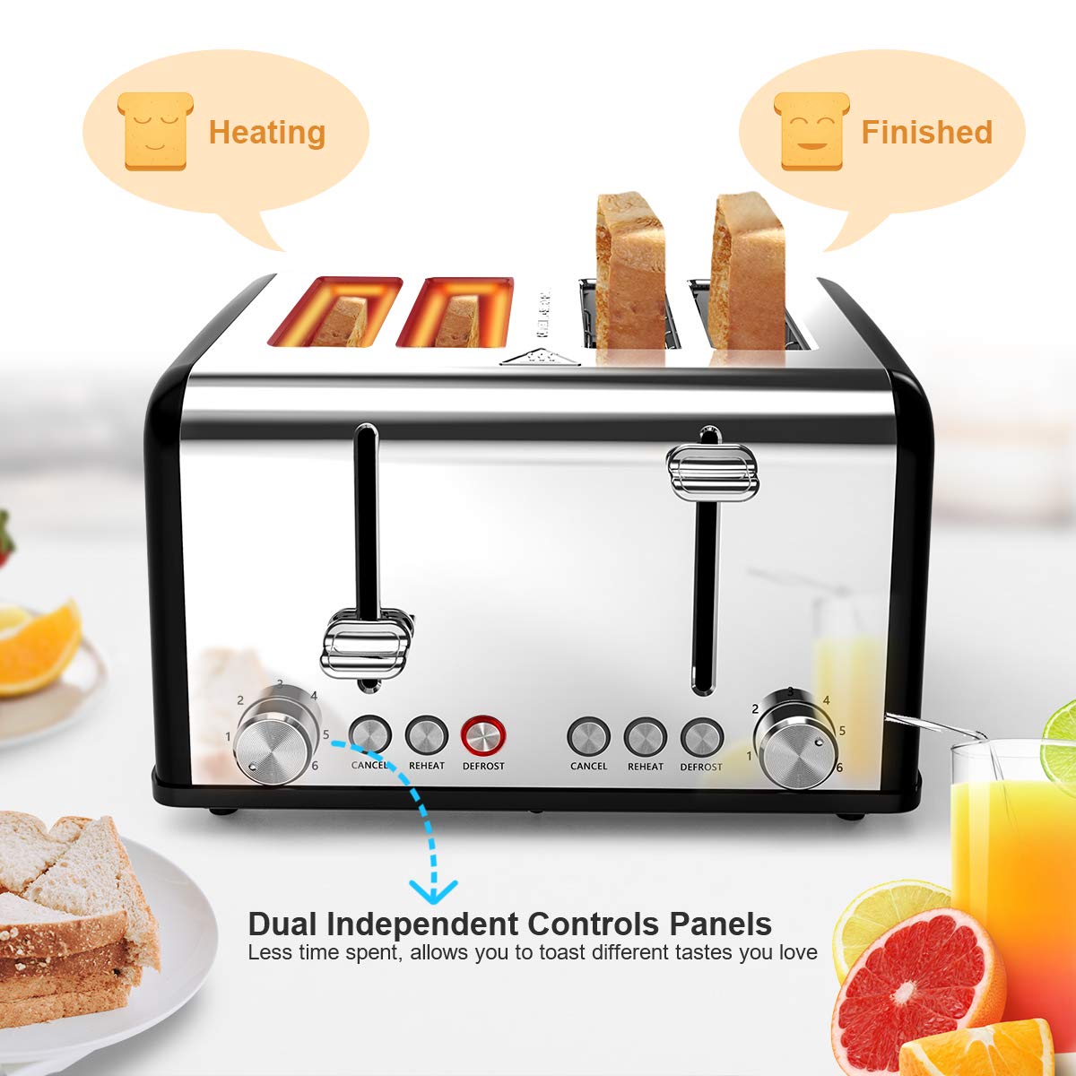 Morpilot Toaster edelstahl mit 4 scheiben 1600 Watt, 6 Bräunungsstufen und 3 Kochfunktionen