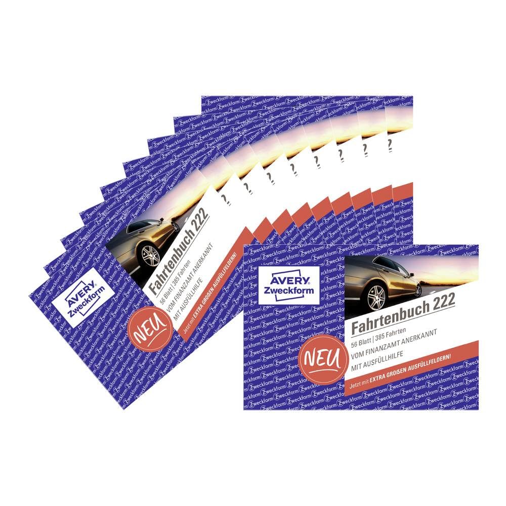 AVERY Zweckform 222-10 logbook (for cars, recognised by the tax office, A6 landscape, 112 pages, 385 journeys, for Germany and Austria to define private/business trips) pack of 10
