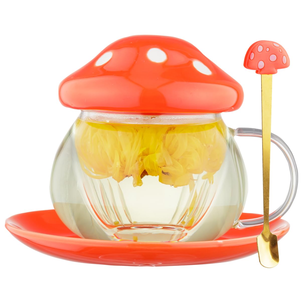 Photo 1 of Cute Cups Mushroom Tea Cup with Tea Infuser and Spoon, Kawaii Mushroom Mugs, Glass Teacups with Ceramic Lid and Coaster, Perfect for Girls Women for Home and Office Use 290ML/9.6oz (Orange)