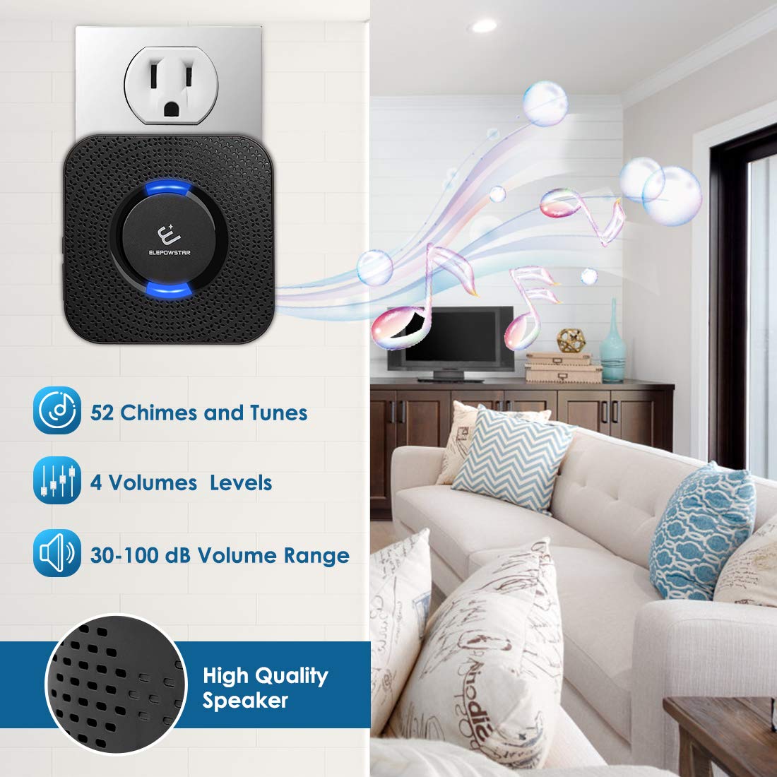 Waterproof Wireless Doorbell kit, ELEPOWSTAR Door Bell Alarm with 1000 feet Operating Range, Door Chime Alarm with 4 Volume Levels, 52 Melodies Chimes, Black (2 Buttons + 3 Plugin Receivers)