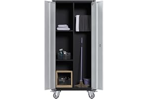 SUXXAN Tall Metal Cleaning Tools Storage Cabinet with Wheeled Multipurpose/Hanging Rod/Shelves/Lockable