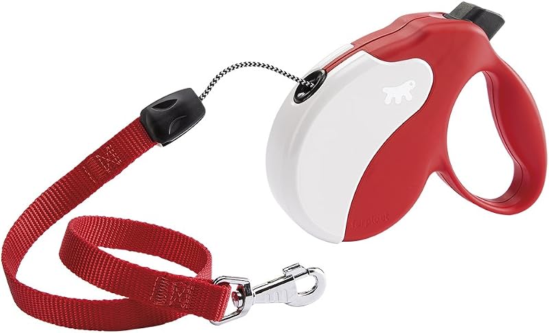 Guinzaglio per Cani Allungabile AMIGO MEDIUM, Guinzaglio per Cani Taglia Media fino a 25 Kg. Cordino max 5 m. Unico Pulsante per Blocco e Rilascio, Rosso, Cover Bianca
