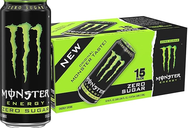 MONSTER ENERGY ZERO SUGAR, GREEN, ORIGINAL, LOW CALORIE ENERGY DRINK, 16 OUNCE (PACK OF 15)
