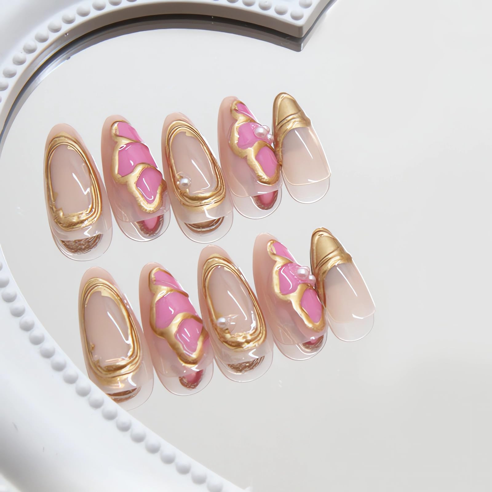 LPOODDNU 3D Almond Press on Nails Medium Handmade Fake Nails with Gold Charms Pink Butterfly Designs French Acrylic Nails Press ons Almond Shape False Nails Cute Nails Medium Stick on Nails for Women - Image 3
