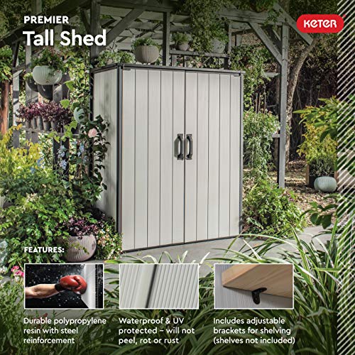 Keter Premier Tall Resin Outdoor Storage Shed with Shelving Brackets