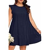 Holipick Women's Plus Size Summer Dresses Casual Short Dress Babydoll Ruffle Sleeve Swing Flowy Sleeveless Tunic Dress