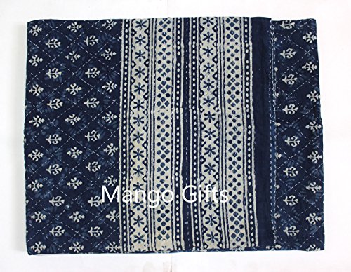 Mango Gifts Indigo Kantha Work Bedspread Queen Size Block Print 100%Cotton Gudari