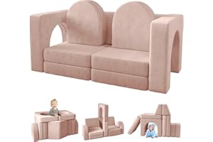 wanan Kids Couch 10PCS, Modular Kids Play Couch for Playroom Bedroom, 10 in 1 Multifunctional Kid Sofa for Playing, Creativing, Sleeping, Indoor Toddler Couches for Boys and Girls(Pink)
