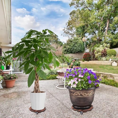Plant Caddy, 2 PCS 14" with 5 Wheels, Rolling Plant Stand 220 LB Heavy Duty, Wooden Plant Dolly with Metal 360° Lockable Caster Wheels, for Outdoor Indoor Large Plant Pots, Flower Pot, Patio (Round)