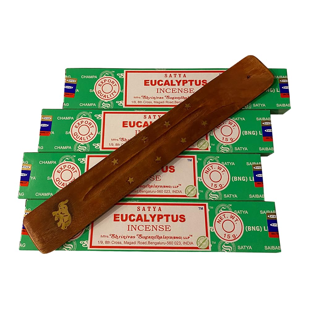 VIE Satya Incense Sticks, 4 Packs x 15g, with Incense Holder, Eucalyptus