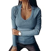 Fessceruna Womens Long Sleeve Shirts Tops Fall Deep V Neck Ribbed Casual Slim Fit Basic Sexy T-Shirt 2025