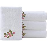 Pidada Hand Towels Set of 4 Embroidered Floral Pattern 100% Cotton Absorbent Soft Decorative Towel for Bathroom (White Pattern 3)