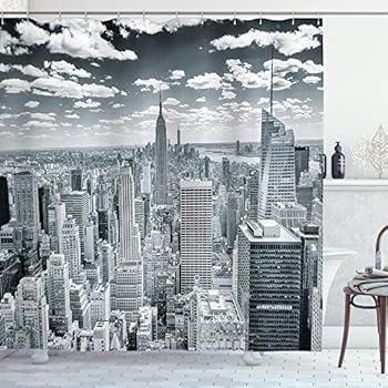 Ambesonne New York Shower Curtain, NYC Over Manhattan from Top of Skyscrapers Urban Global Culture City Panorama, Cloth Fabric Bathroom Decor Set with Hooks, 70
