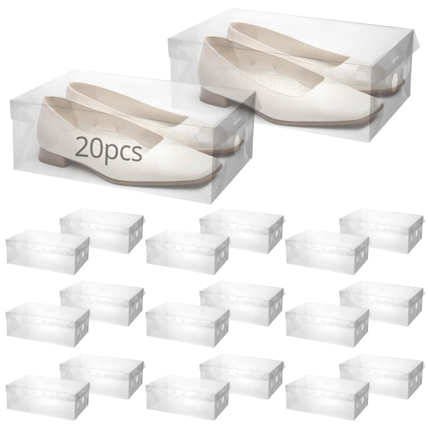 QWORK® 20Pcs Clear Plastic Shoe Storage Boxes, Foldable Shoe Organiser Stackable Shoe Storage Boxes with Lids, for Women's Shoes