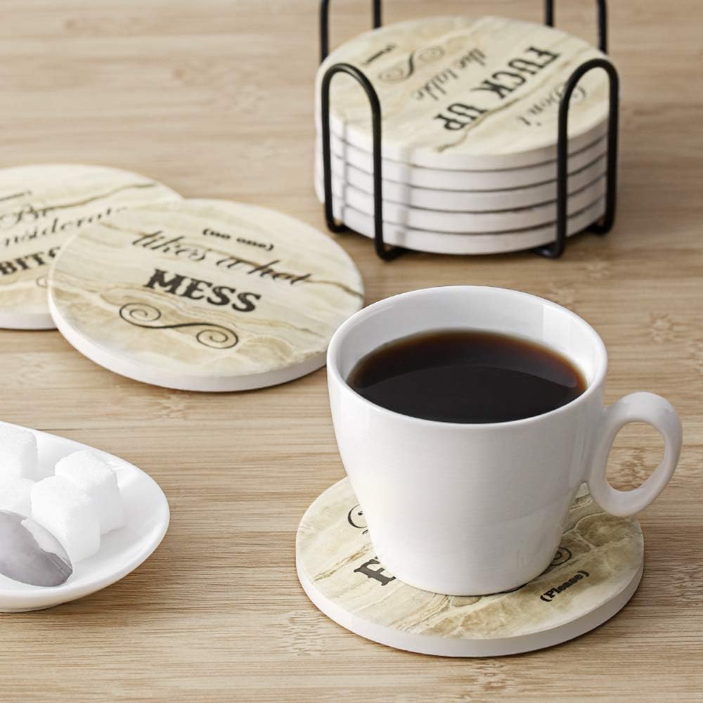 LIFVER Funny Coasters for Drinks Absorbent with Holder,8 Set Coasters with Cork Base, Ceramic Marble Style Drink Coaster with 4 Sayings for Wooden Table, Bar, Housewarming Gifts: Kitchen & Dining