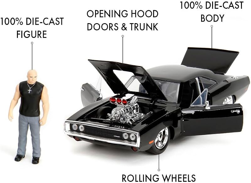 Brinquedos Fast & Furious Dodge Charger 1970, Escala 1:24, 19 cm, com figura Dominic Toretto 8 cm, Modelo Metálico com Peças Dobráveis, Brinquedo de Coleção, +8 anos (9335907314R00)