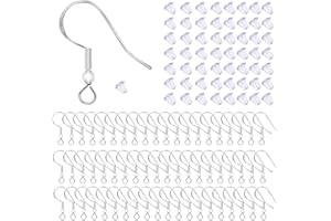 WAYBAS 50 PCS/25 Pairs 925 Sterling Silver Earring Hooks Fish Hook Ear Wires French Wire Hooks Hypo-allergenic Jewelry Findings Earring Parts DIY Making with 50 PCS Clear Rubber Earring Safety Backs