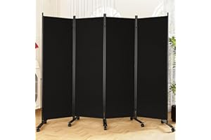 SUNALLY Room Divider 6FT Folding Privacy Screens with Lockable Wheels, 4 Panel Room Partition for Room Separator, 88" W Freestanding Portable Fabric Wall Dividers for Home Dorm Studio Office, Black
