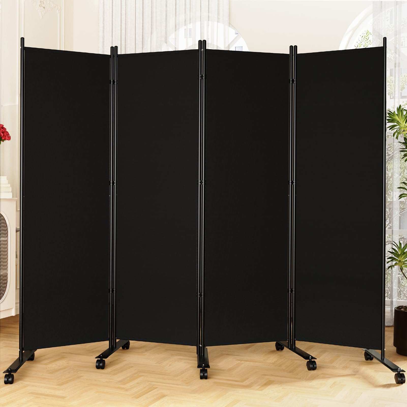 Photo 1 of ** PARTS ONLY**   SUNALLY Room Divider 6FT Folding Privacy Screens with Lockable Wheels, 4 Panel Room Partition for Room Separator, 88" W Freestanding Portable Fabric Wall Dividers for Home Dorm Studio Office, Black