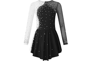 Oyolan Kids Girls Rhinestone Ice Skating Dress Mesh Splice Long Sleeve Leotards Skirted Junior Figure Skating Costume
