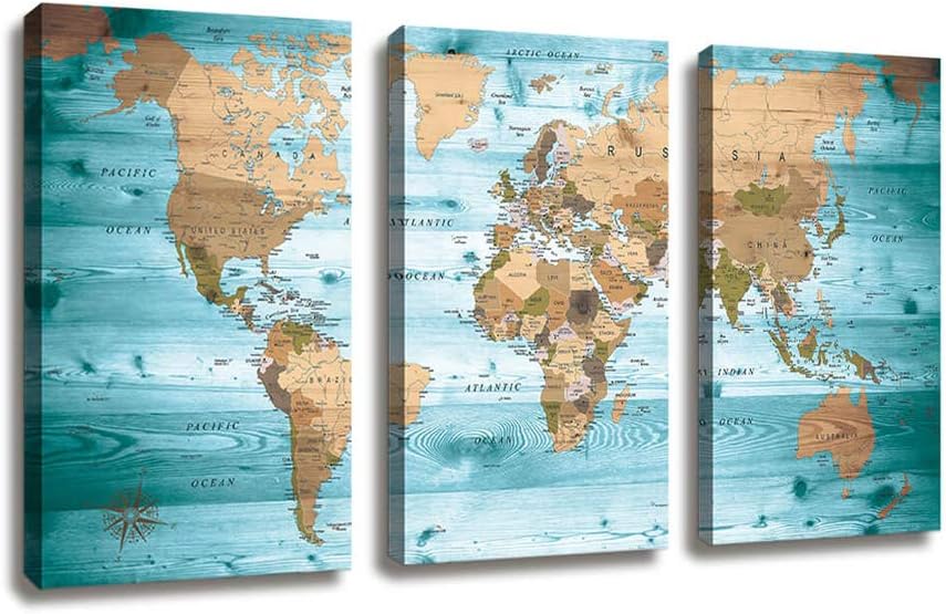 World Map Wall Art Vintage Photos Nautical Decor Canvas Art Wall Decor/3 Pieces Large Modern Framed Wall Art Map of The World Canvas Prints Travel Memory for Home Office Decor Overall 48 x 28 Inches