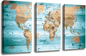 World Map Wall Art Vintage Photos Nautical Decor Canvas Art Wall Decor/3 Pieces Large Modern Framed Wall Art Map of The World Canvas Prints Travel Memory for Home Office Decor Overall 48 x 28 Inches