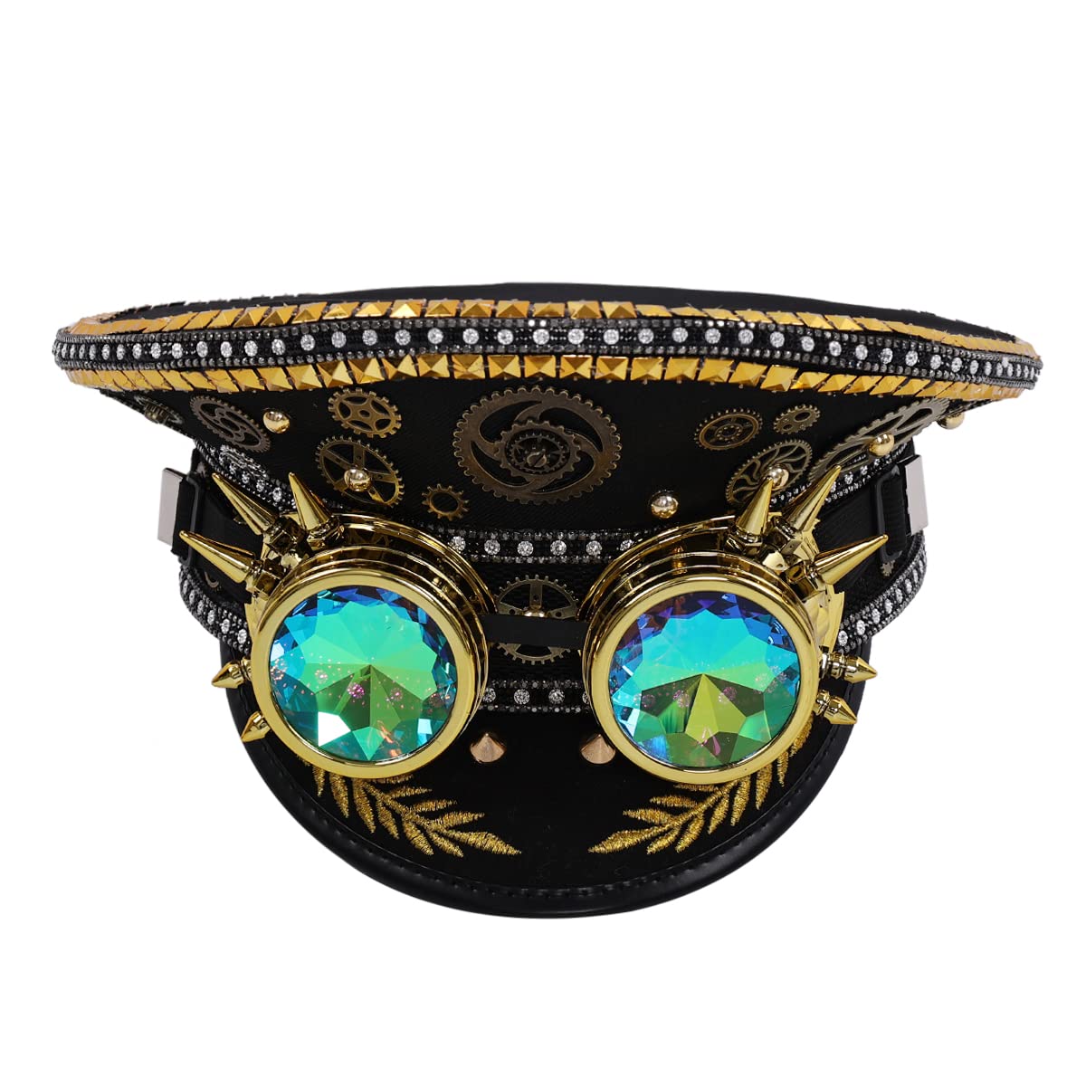 Men's Steampunk Top Hats Sequin Goggles Military Cap Punk Halloween Classic Army Military Cap (Black gold) — image 1