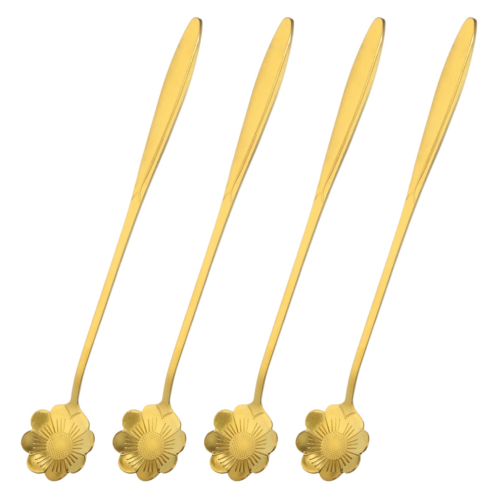 uxcell 4Pcs Stainless Steel Flower Spoon 7 Inch Long Handle Sun Flower Teaspoon Ice Cream Spoon Coffee Spoons for Cocktail Stirring Mixing, Gold