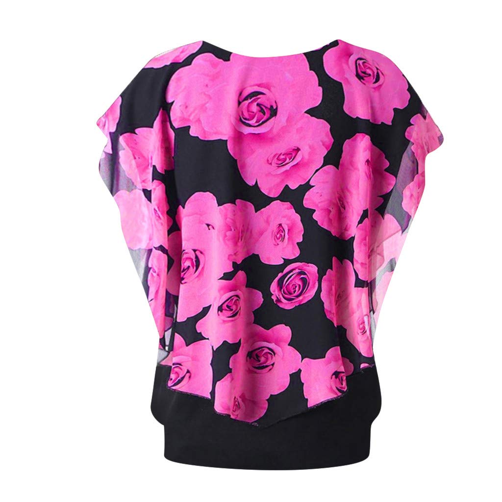 Handyulong Womens Shirts Plus Size Casual Short Sleeve Chiffon Round Neck Double Layer Casual Tunic T-Shirts Blouse Tops