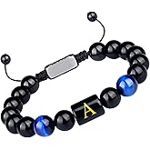 Purdvro Letter Initial Letter A-Z Bracelet for Men Teens Handmade Natural Black Onyx Tiger Eye Stone Bead Bracelet Meaningful Gift Birthday Anniversary
