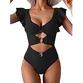B2prity Women One Piece Swimsuit Ruffle Sleeve V Neck Monokini Cutout Tummy Control Bathing Suit for Vacation