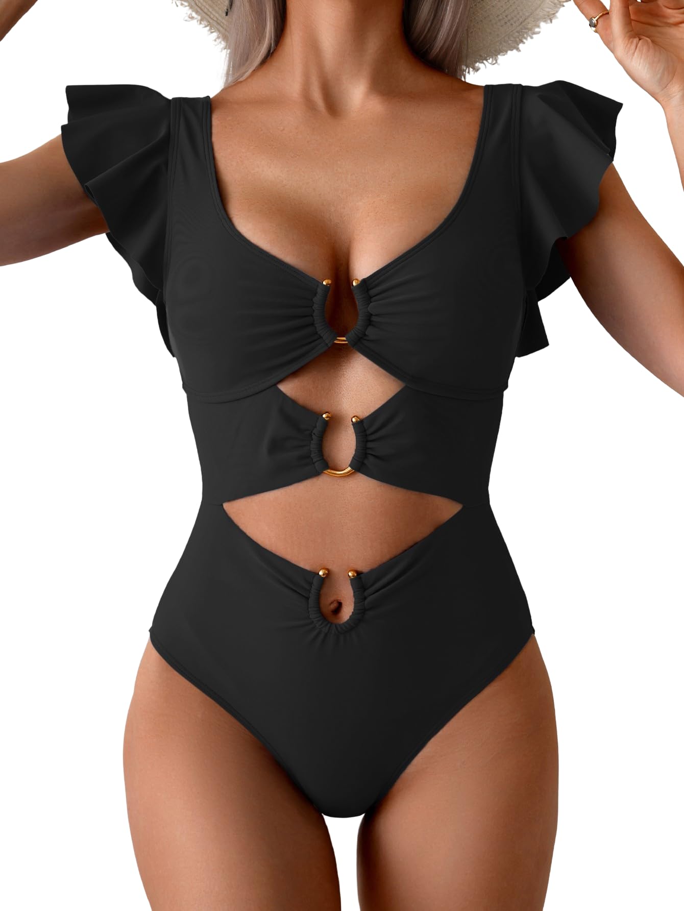 Photo 1 of B2prity Women's One Piece Swimsuit Ruffle Sleeve Cut Out Bathing Suit Tie Back High Waisted Swim Suit Black