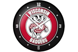 The Fan-Brand NCAA Wisconsin Badgers: Mascot - Black Frame - Modern Disc Wall Clock - Sports Team Bar Sign Décor - Home, Dorm, Garage, Office, Fan Cave