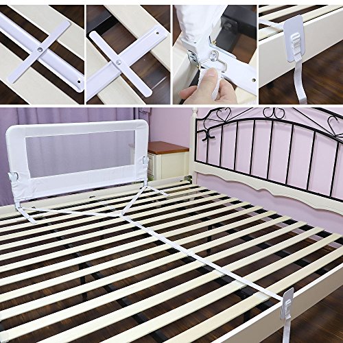 KOOLDOO 59" Fold Down Toddlers Safety Bed Rail Children Bed Guard with NBR Foam Include 1Pc Seat Belt (White)