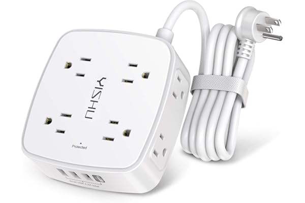 6 Ft Surge Protector Power Strip - 8 Widely Outlets with 4 USB Ports, 3 Side Outlet Extender with 6 Feet Extension Cord, Flat Plug, Wall Mount, Desk USB Charging Station, ETL,White