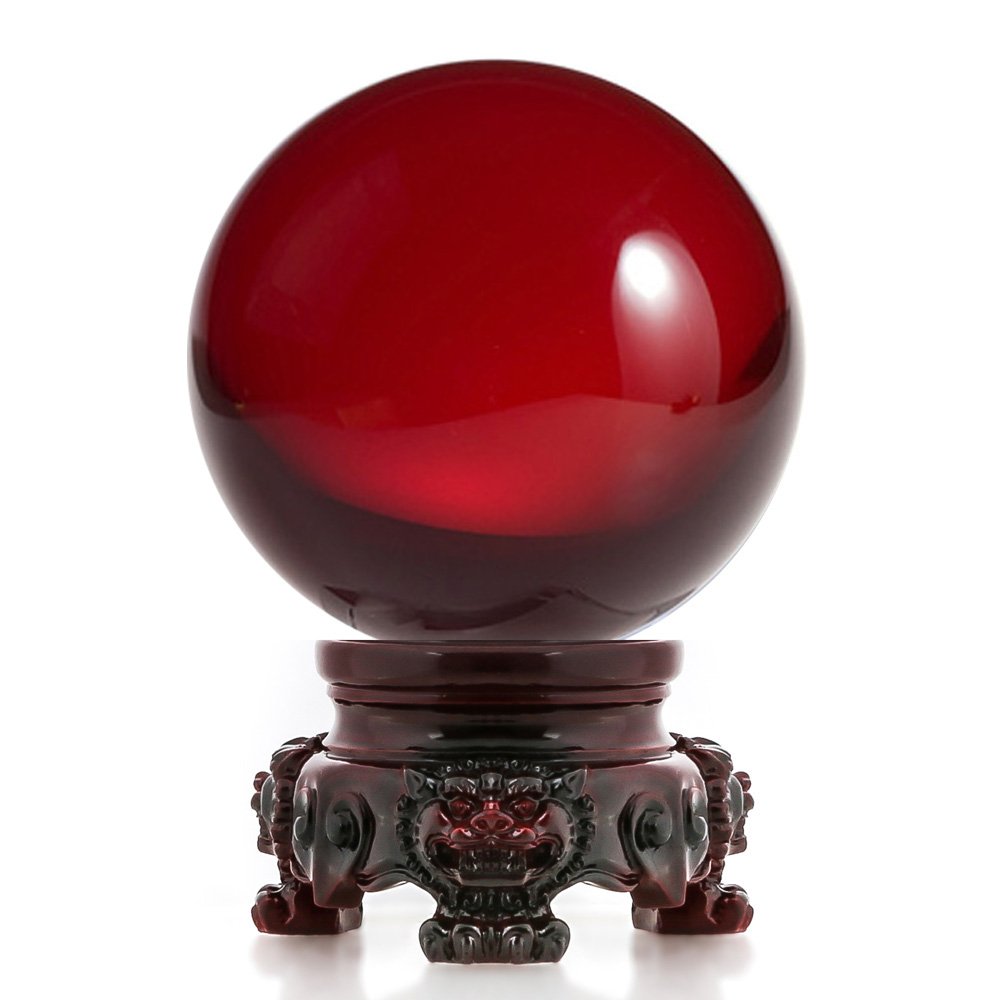 Amlong Crystal 3 inch (80mm) Red Crystal Ball with Redwood