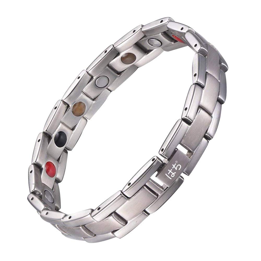 はち Titanium Magnetic Bracelet for Men and Women 5 Element Wristband Powerful Germanium Magnets Strength Bracelet Men with Adjustment Tool and Gift Box (Silver)