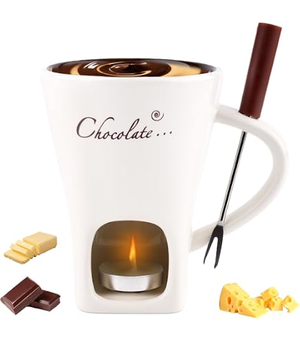 Swissmar F66327 - Lot De 4 Tasses à Fondue Au Chocolat En Céramique Blanche 125 Ml – Idéal Pour Dîner Romantique Ou Soirée Convivial, Avec Bougie Et Fourchettes Inox